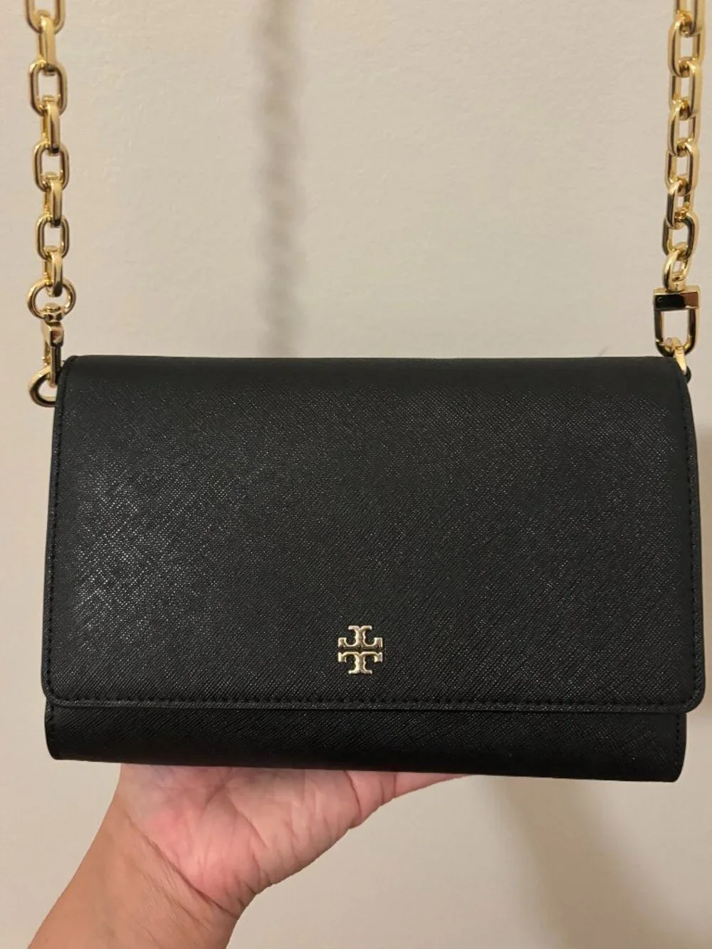 Tory Burch Black Saffiano Leather Crossbody Gold Chain